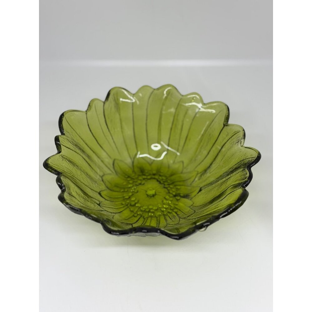 VTG Indiana Glass Lily Pons Avocado Green 7"x3" Pressed Flower Salad Bowl Retro - Picture 2 of 7